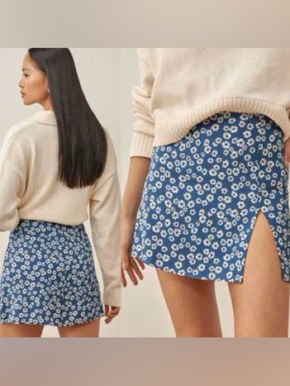 Reformation Margot Blue Daisy Split Mini Skirt